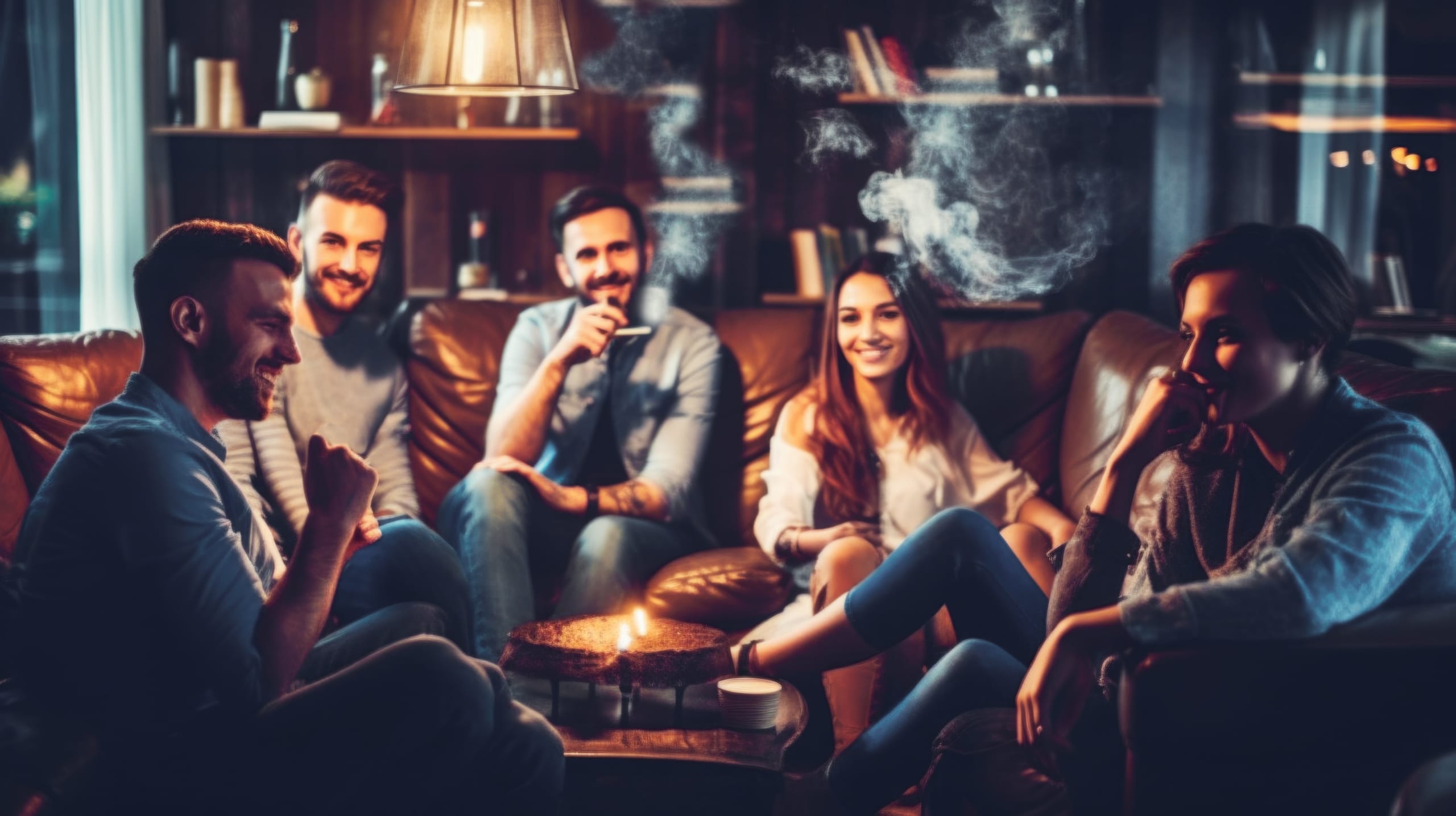Group of friends sitting on sofa making party and smoking together Generative AI