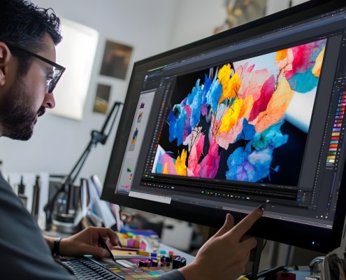 A photo of a graphic designer working on a colorful project on a large monitor