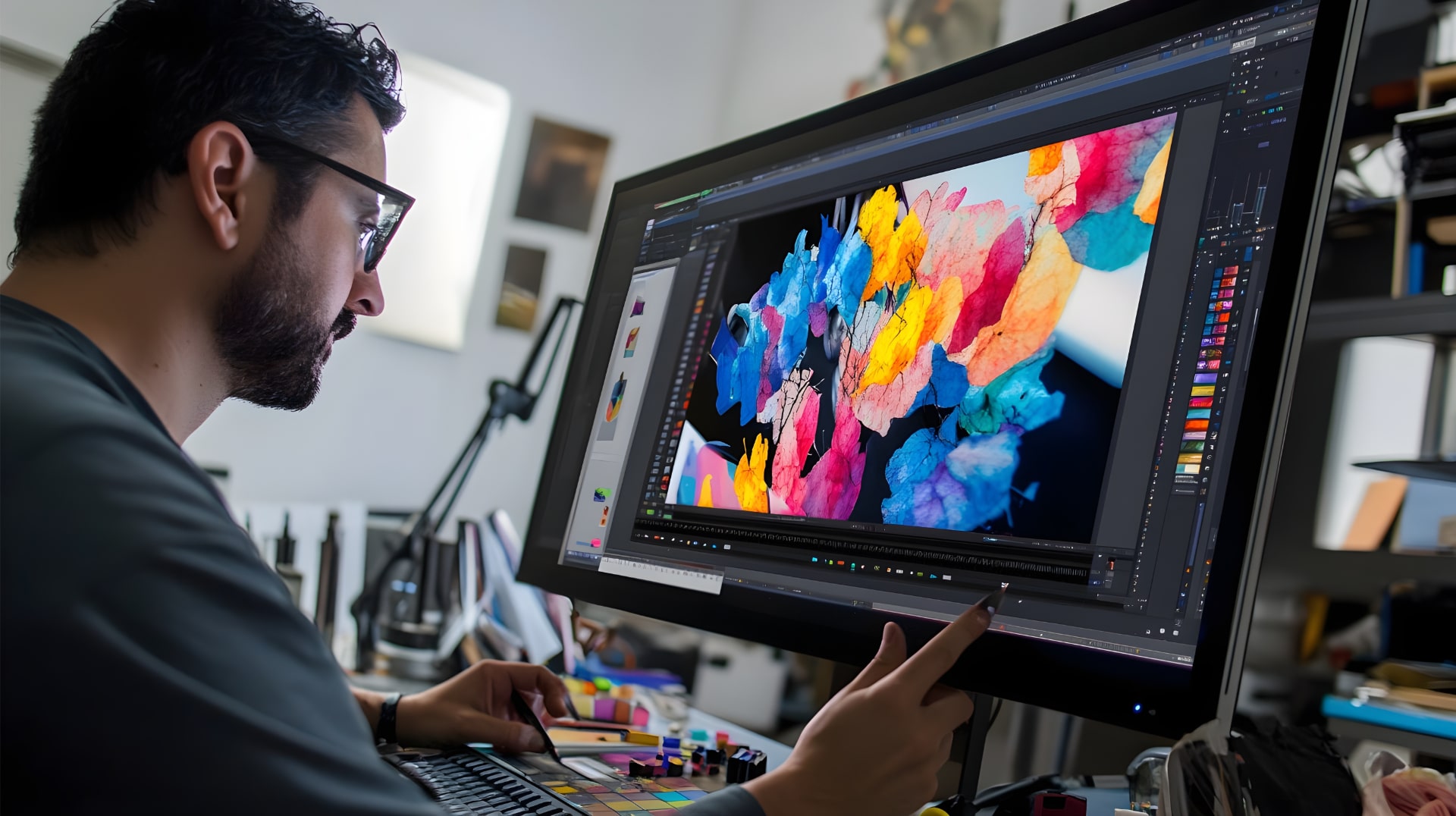 A photo of a graphic designer working on a colorful project on a large monitor