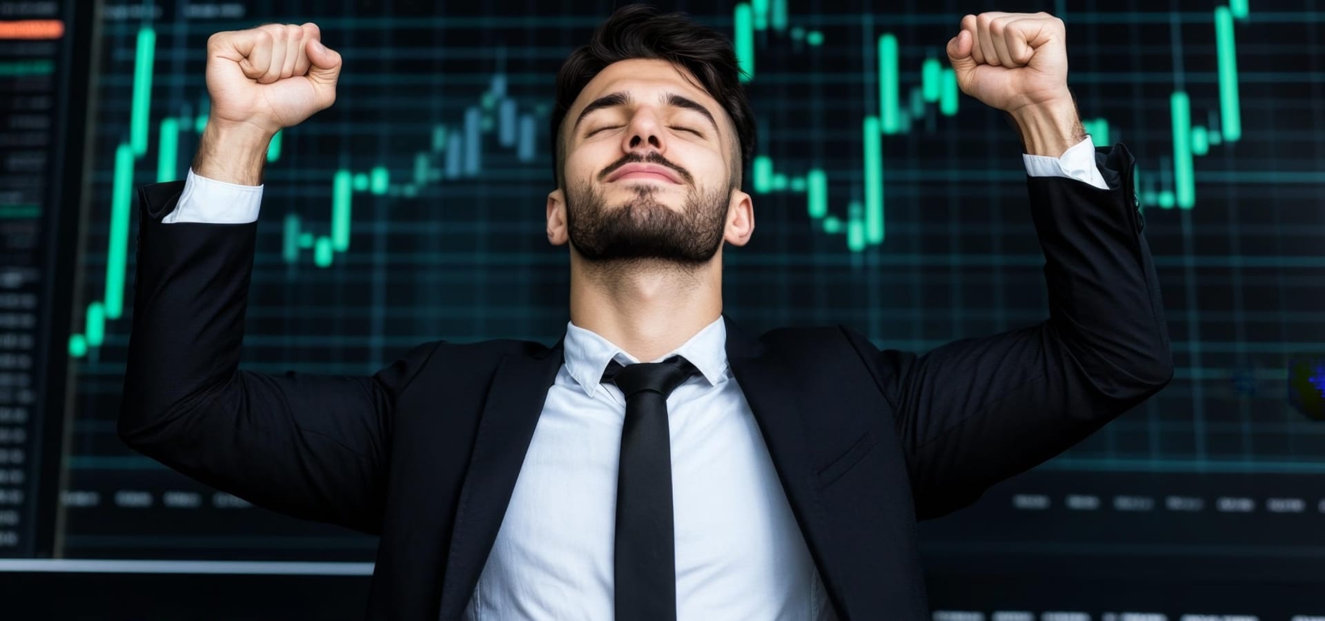 A confident businessman celebrating with a trophy while standing in front of a large screen displaying stock market charts