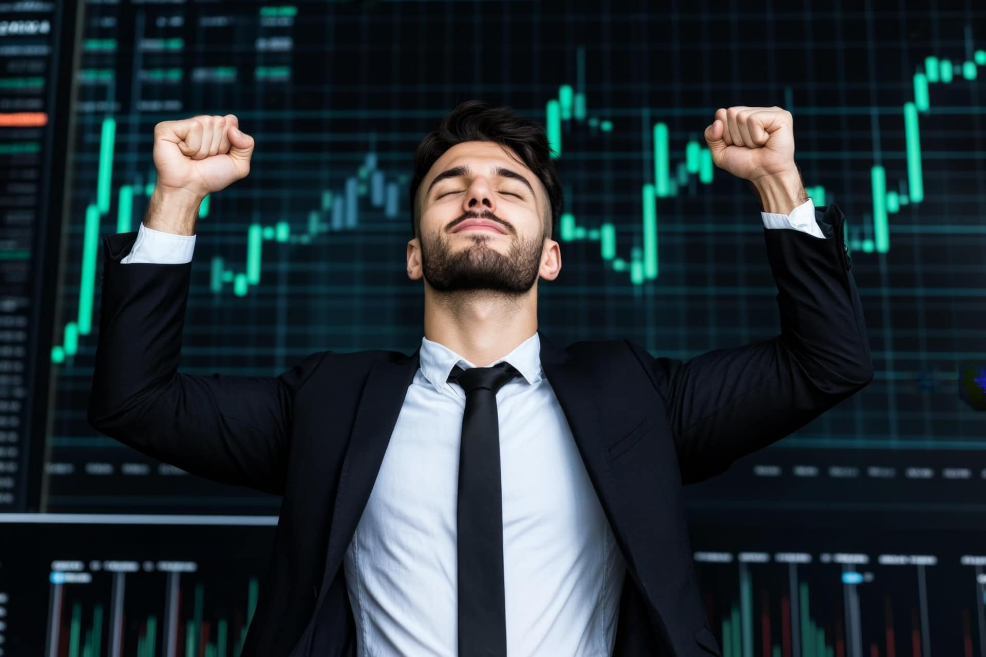 A confident businessman celebrating with a trophy while standing in front of a large screen displaying stock market charts