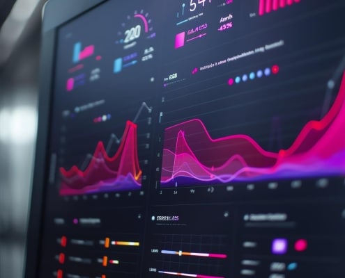 A computer screen displays a variety of graphs and charts in pink