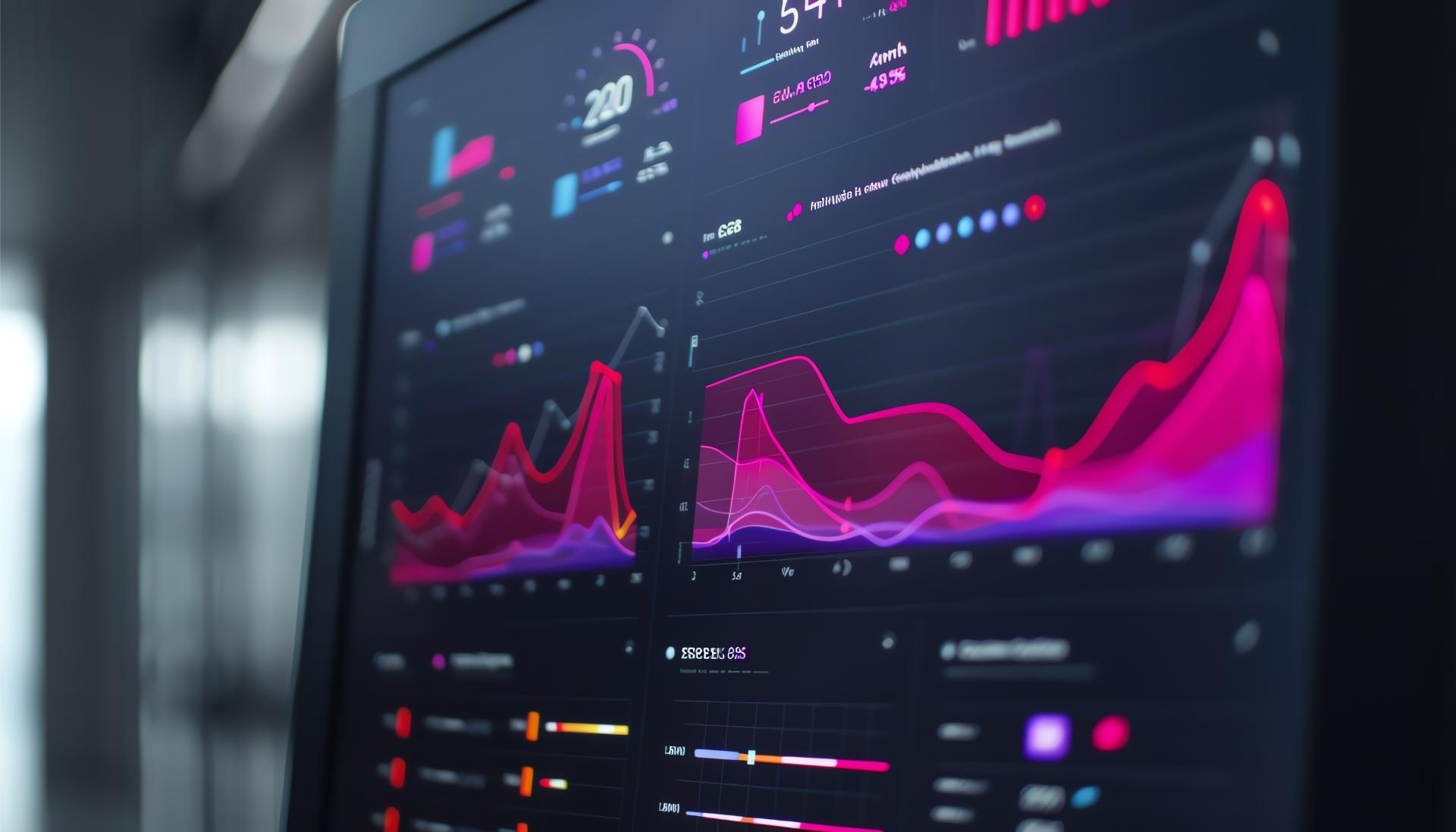 A computer screen displays a variety of graphs and charts in pink