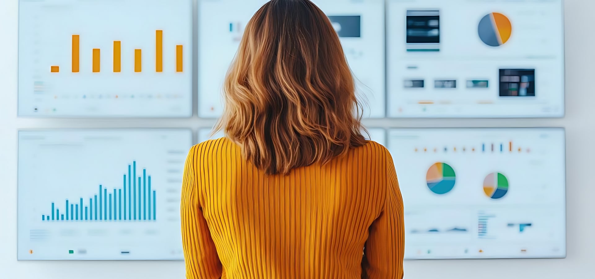 A woman with curly hair observes multiple data analysis screens showcasing various graphs and charts enhanced ()