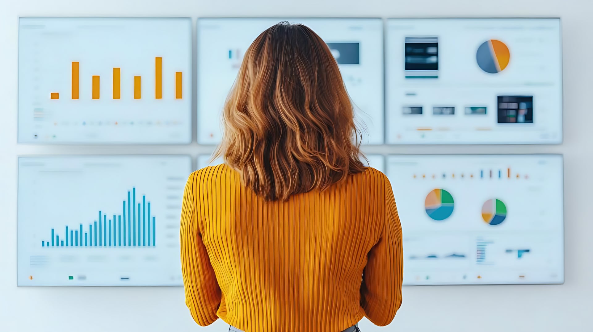 A woman with curly hair observes multiple data analysis screens showcasing various graphs and charts enhanced ()