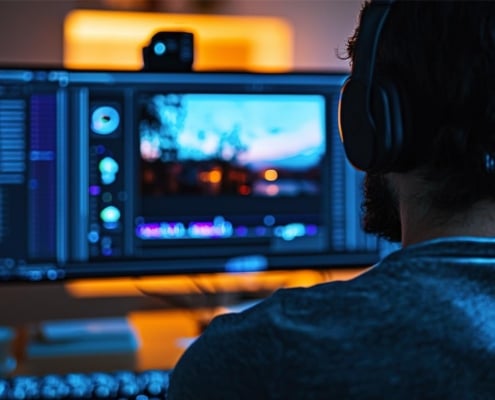 A person editing video while wearing headphones at the desk