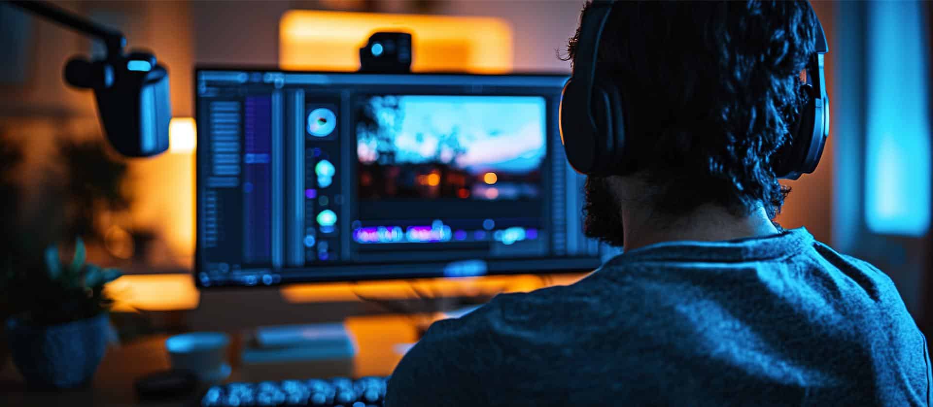 A person editing video while wearing headphones at the desk