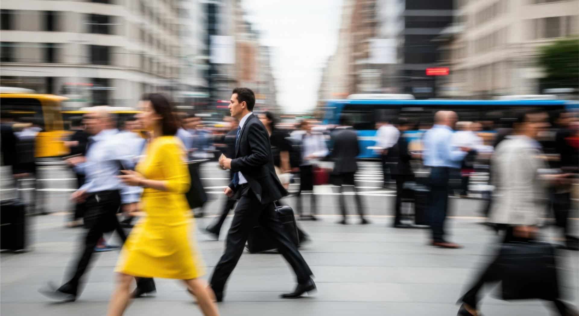 Busy urban street with blurred pedestrians in motion on a sunny day